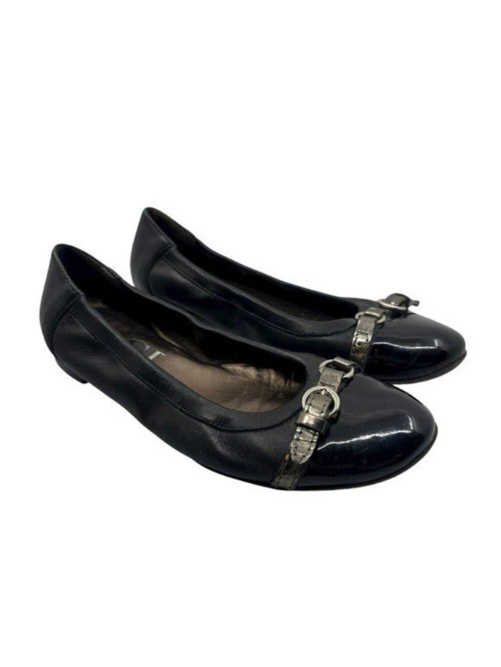 AGL 37.5 / US 7.5 Monika Cap Toe Ballet Flats Black Leather Buckle Strap Slip On - Picture 1 of 10